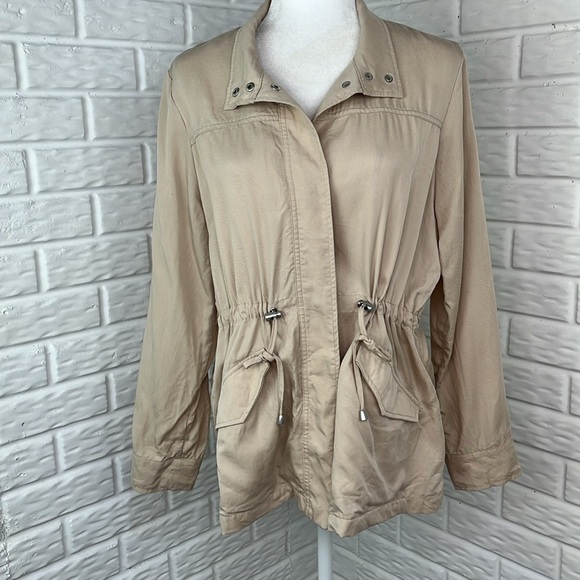 BANANA REPUBLIC Utility Safari Field Tan Khaki Jacket Snap Up Cinch Waist Sz MP - Picture 1 of 14